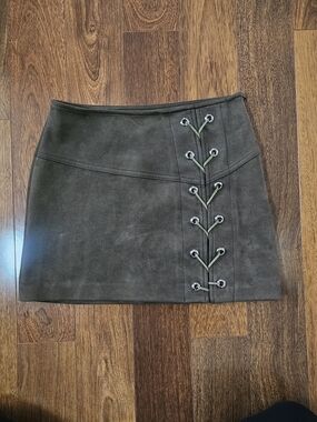Olive Suede Lace-Up Mini Skirt